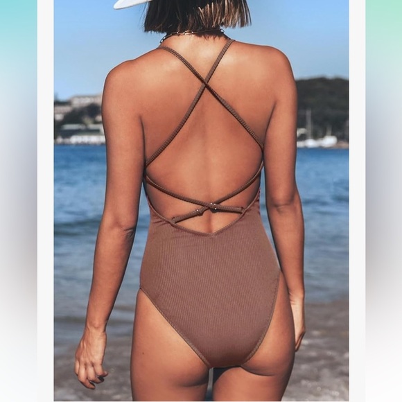 CUPSHE Women's Solid Color V‎ Neck Lace Up One Piece Swimsuit #1E - Picture 5 of 5